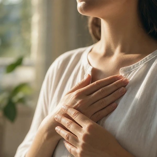 Mains posées sur la poitrine pendant un exercice de respiration