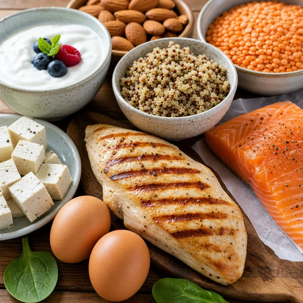 Assortiment d'aliments riches en protéines sur une table en bois
