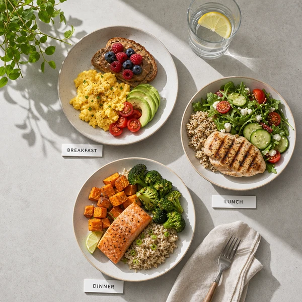 Trois repas équilibrés répartis sur une journée avec sources de protéines