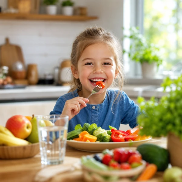 Enfant mangeant des légumes frais à table dans une cuisine lumineuse