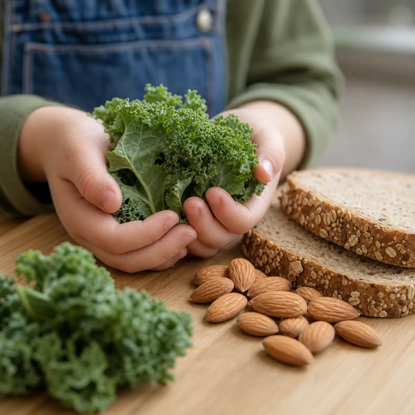 Mains d'enfant tenant des légumes verts, amandes et pain complet